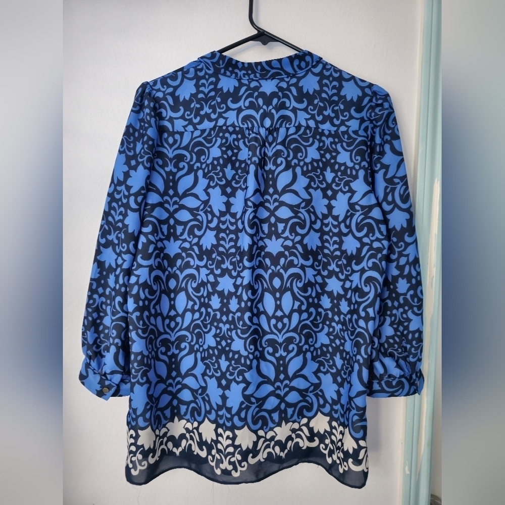 Banana Republic Blue Damask Print Popover Top Blouse Small - Picture 5 of 13